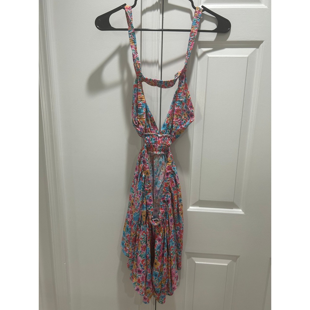 Floral Cutout Halter Mini Dress High Low Hem Red Pink Blue Summer Festival Women